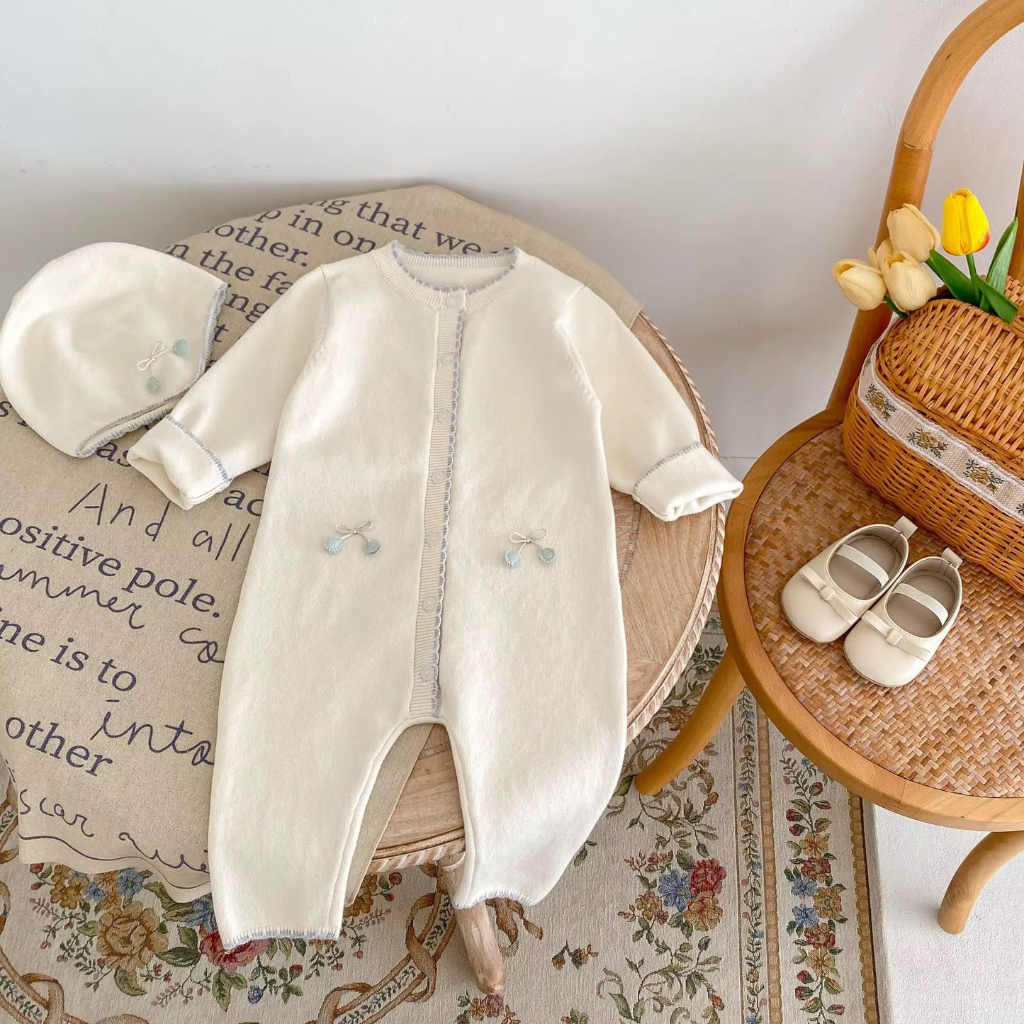Knitted Cream Baby Romper with Hat