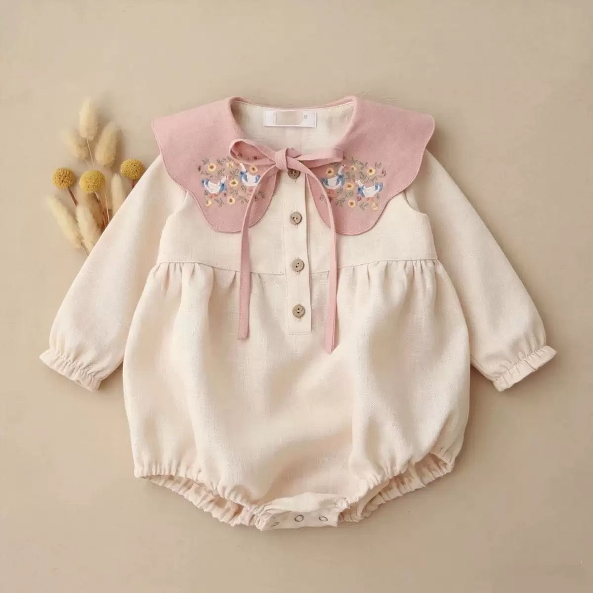 Embroidered Pink Collar Romper