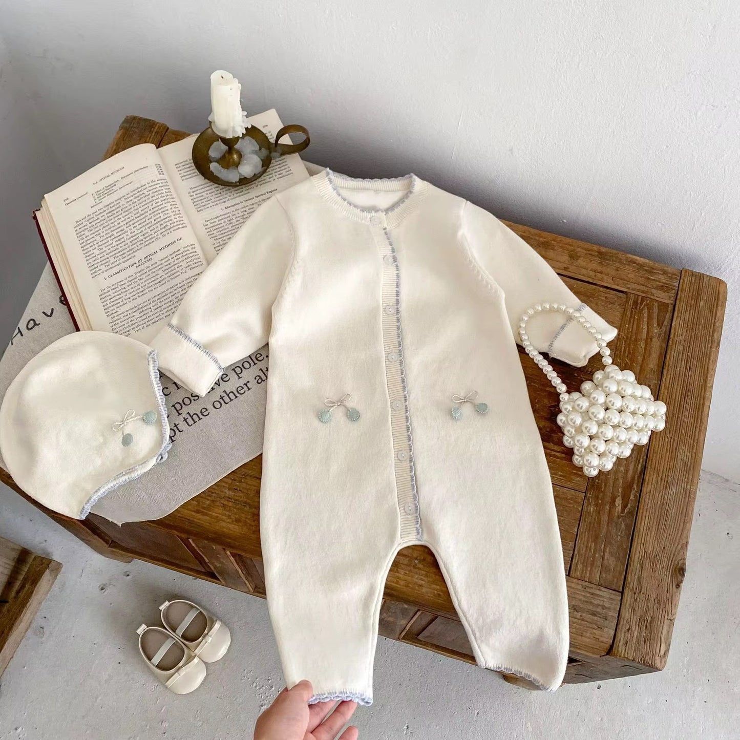 Knitted Cream Baby Romper with Hat