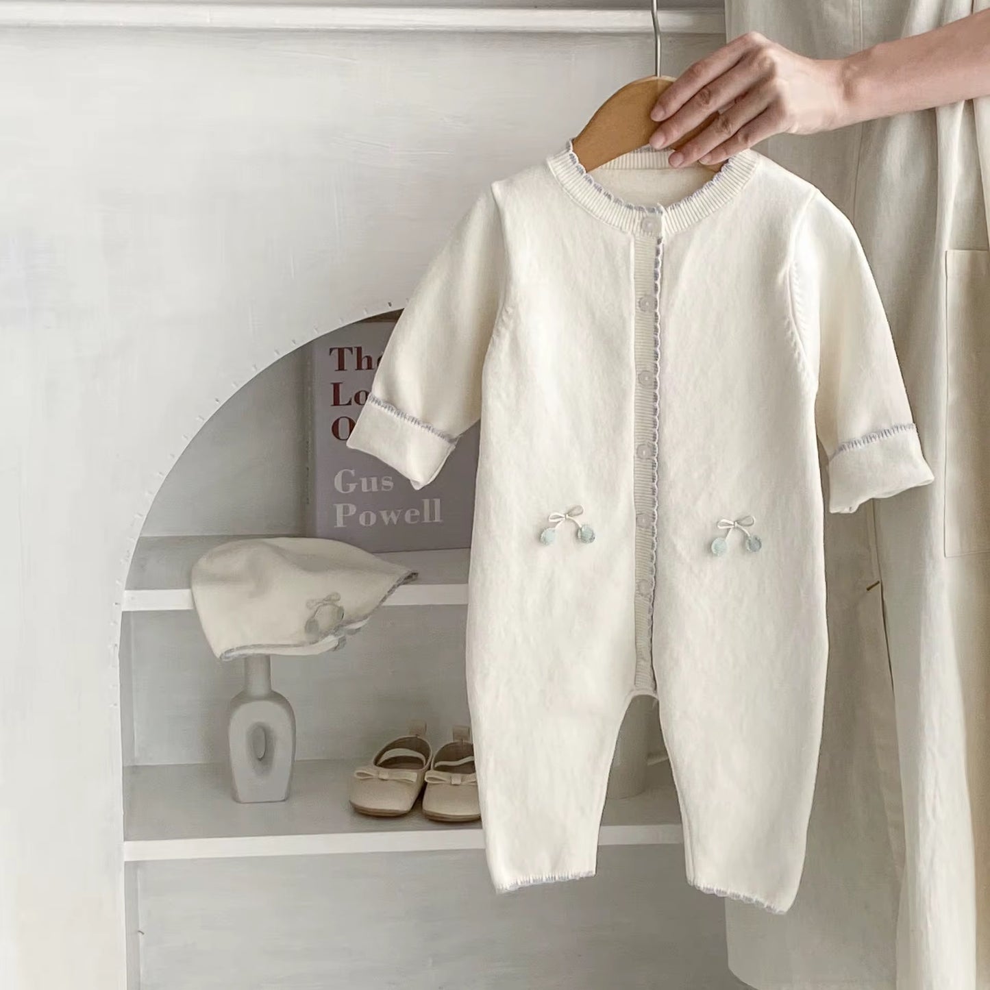 Knitted Cream Baby Romper with Hat