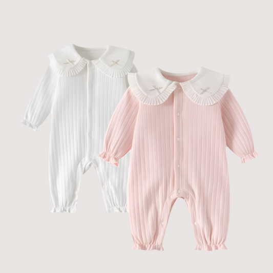 Classic Ribbed Baby Romper with Peter Pan Collar
