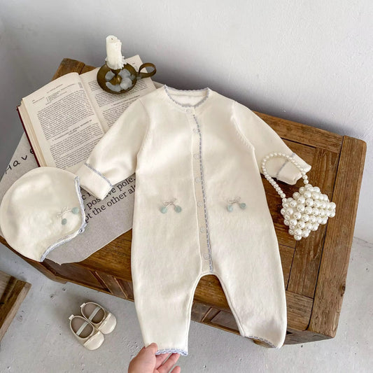 Knitted Cream Baby Romper with Hat