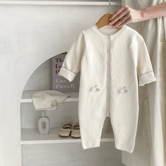 Knitted Cream Baby Romper with Hat