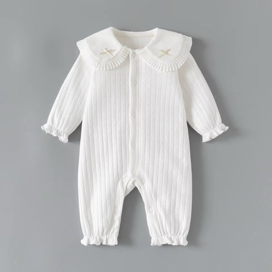 Classic Ribbed Baby Romper with Peter Pan Collar