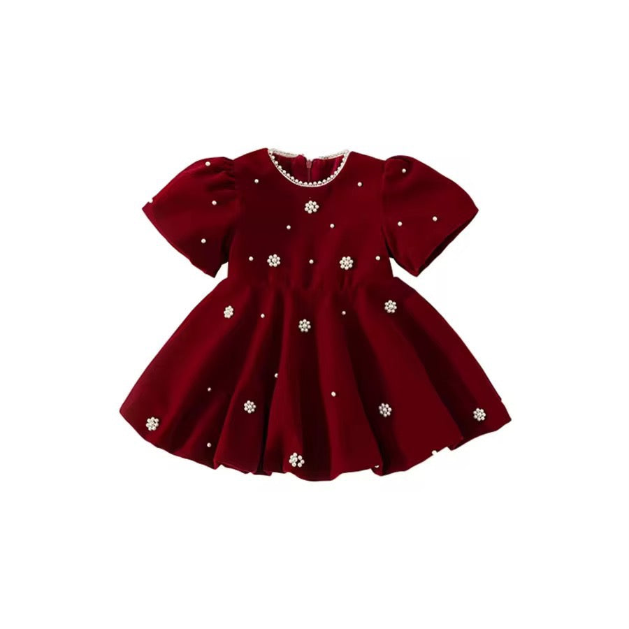 Red Pearl Puff Dress