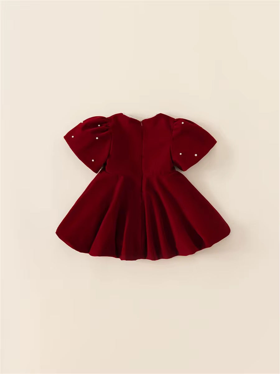 Red Pearl Puff Dress